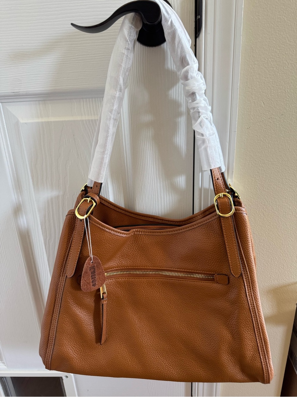 Pebbled Saddle Brown Shoulder Bag with Front Zip Pocket